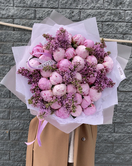 33 пиона и 8 веточек сирени  с доставкой по Астане